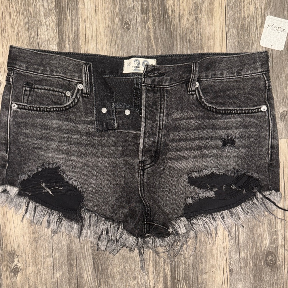 Free People Charcoal Frayed Jean Shorts